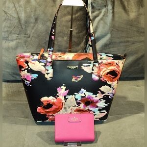KATE SPADE NEW YORK SMALL TALLY BLURRY FLORAL LAUREL WAY BLACK TOTE & WALLET